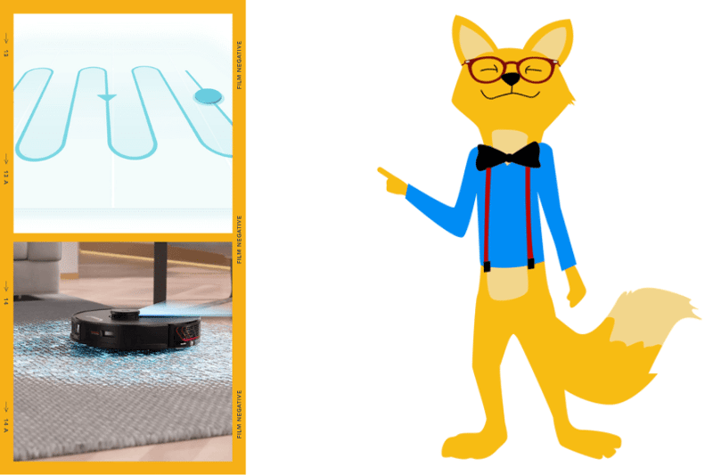 Der Smart Home Fox deutet mit dem Finger auf die strukturierte Lasernavigationsmethode